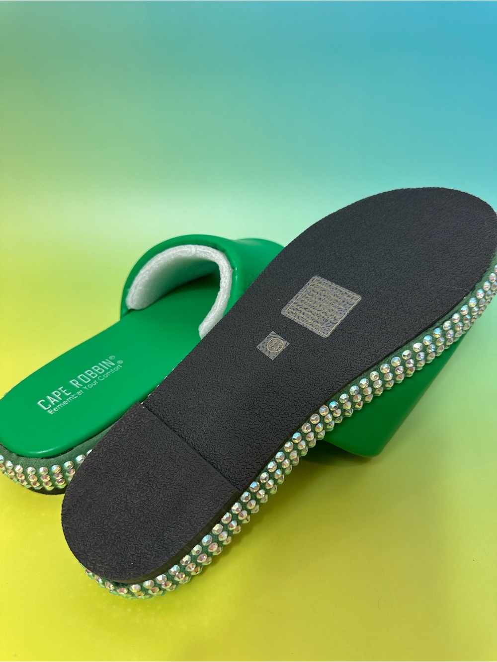Cape Robbin Green Crystal-Trim Slide Sandals Flat Slip-On Summer Shoes - Picture 3 of 6